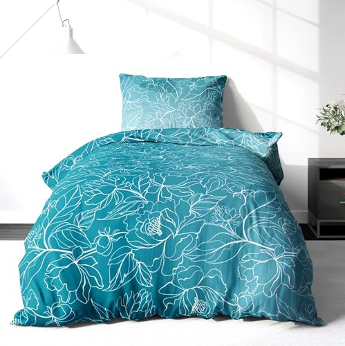 LINKHOFF Biber Bettwäsche Set 2tlg 135 x 200cm - Winterbettwäsche Blumen Ranken-Motiv in Türkis Weiß - Fein-Biber 100% Baumwolle - 1x135x200 + 1x 80x80cm