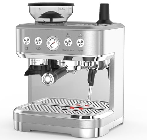 Aptliton Espresso Coffee Machine with Grinder 15 Bar, Stainless Steel, PID Temperature Control, 250g Bean Hopper, 2.3L Water Tank, 360° Steam Wand, Double Cup Brewing, ETL Certified
