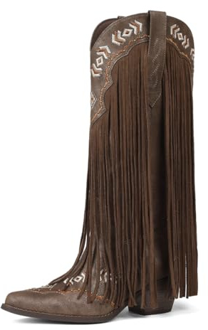 Oiamenne Brown Fringe Cowgirl Boots for Women Country Western Knee High Cowboy Boots Tassel Pointed Toe Chunky Block Heel, Size 6
