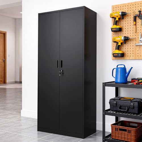 Bonnlo 180cm Tall Metal Storage Cabinet with Lock, 5 Shelves, Black