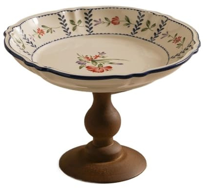 SONGYL-20249 Ciotola for frutta in ceramica floreale con base in legno, piatto da portata rustico for spuntini, decorazione tavola in stile fattoria Organizzatore per Frutta(Piccolo)