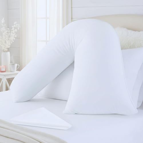 UNIVERSAL COMFORT V Pillow with Pillowcase – Anti-Allergy V Shaped Pillows with Extra Filled Hollow Fibre for Ultimate Comfort - Ideal for Nursing, Maternity & Pregnancy – (White – 75 X 35cm)