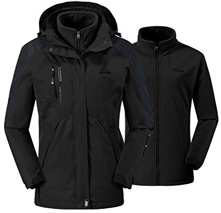 donhobo Womens 3 In 1 Jackets Fleece Ski Jacket Softshell Winter Waterproof Full Zip Windproof Coat Zip Pockets(Black,XS)