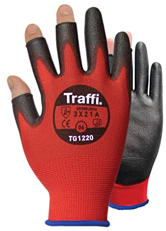 Traffi TG1220 X-Dura 3 Digit PU A Warning Glove, Cut Level A, Red, 11Size, Pair, Pack of 10