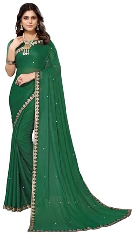 IMTRA FASHION Sari para mujer de georgette de seda con bordado. Sari y blusa no cosida, verde, L