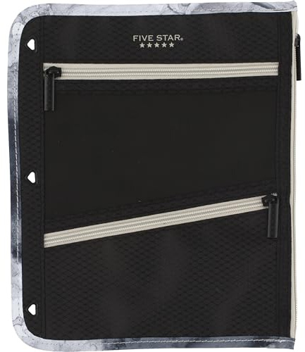 Five Star Pencil Pouch, Pen Case, 3-Pocket Zipper Pouch, Fits 3-Ring Binder, Storage Organizer for Classroom Supplies Earbuds Chargers Cables Makeup, Black/Grey (506420A-ECM)