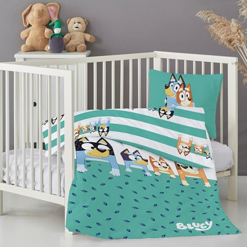 Bluey Kinder und Babys Bettwäsche Set – Decken- & Kissenbezug 100x135 cm & 40x60 cm mit Reißverschluss – Wendemotiv mit Bluey, Bingo & Bandit – 100% Baumwolle – Hautfreundlich & atmungsaktiv - Öko-TEX
