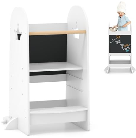 COSTWAY Kids Step Stool, 3 Heights Adjustable Kitchen Stand Helper with Double-sided Chalkboard, Safety Rail, Anti-tipping Feet, Learning Wooden Tower for Toddler