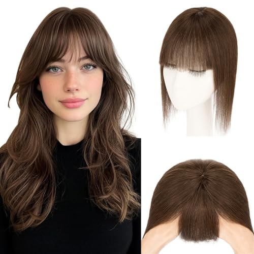 Elailite Real Human Hair Topper With Fringe Clip in For Women Thinning Hair - Invisible Toupee Mono Base Crown Hairpiece Extension (#02 Dark Brown, 16 inch)