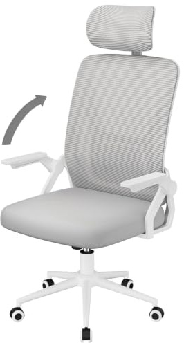 naspaluro Silla de Oficina, Silla de Oficina Ergonómica con Brazos Abatibles 90°, Soporte Lumbar de Diseño Exclusivo, Reposacabezas Ajustable, Tapicería de Malla Transpirable Escritorio, Gris