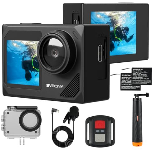 SVBONY SVGo2 4K Action Camera, Touch Screen 50MP, Dual Screens, Underwater Camera 30M, Floating Selfie Stick, with Wired Microphone, EIS Adjustable with Accessories Kit
