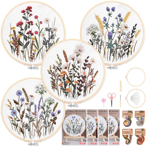 Homwiz 4 Sticken Set Erwachsene, Stickset für Anfänger Blumenmuster Pflanzen Embroidery Kit mit 2 Bambus Stickrahmen Farbfäden Anleitung, Stickerei Set für DIY Kunst Handwerk (Wiesenkräuter-Druck)