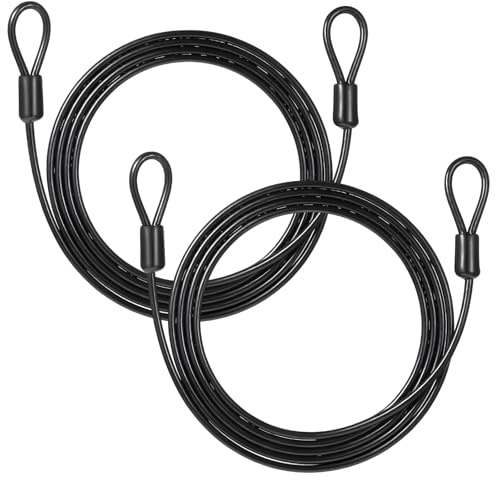 2 cables de acero con ojales, 2 m x 4 mm, cable negro con ojales, cable de seguridad para candado de bicicleta, cable de acero recubierto de plástico para remolque de bicicleta, color negro