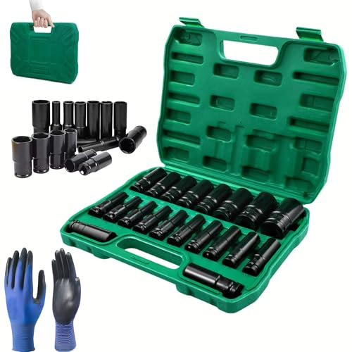FROOBY 1/2 Inch Drive Deep Impact Socket Set 20-Piece Metric 8–32mm Heavy Duty 6-Point Impact Sockets Professional Garage Automotive Repair Mechanics Workshop DIY 1x Pair Work Gloves Black Oxide steel