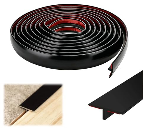 CATELL Perfil de Transición Autoadhesivo de 5 m x 1,95 cm Silicona Perfil Transición Suelo en T Perfil en T para Laminado para Entre Baldosas Moquetas Suelos de Madera (Negro)