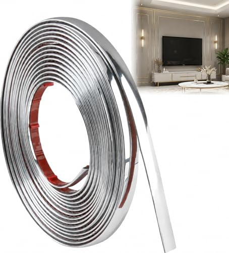 5m*8mm Wall Edging Strip, Silver Self-Adhesive Decorative PVC Beading for Wall Panelling, Chrome Edge Tape for Tiles, Mirrors, Ceilings, Doors, Walls, Paneling, Flexible Adhesive Trim