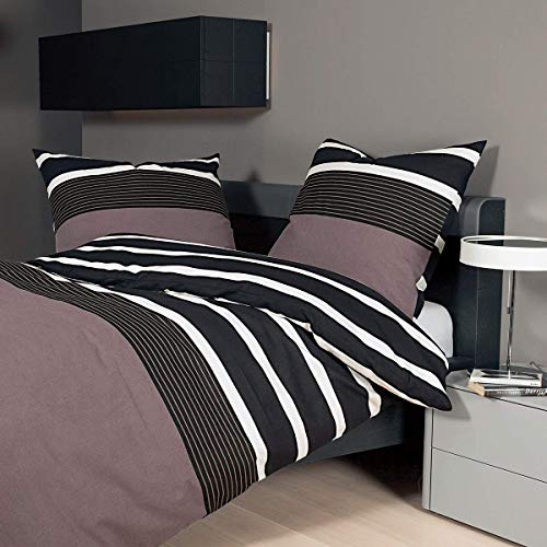Janine Bettwäsche Davos 65030 07 Nougat Schwarz Feinbiber Streifen Warm Kuschelig Baumwolle, Größe:135 cm x 200 cm