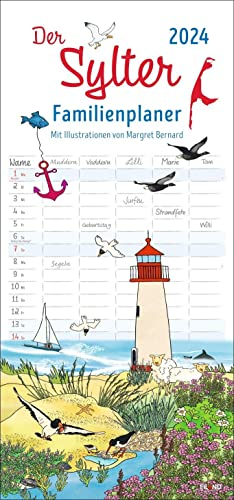 Der Sylter Familienplaner 2024. Familienkalender mit 5 Spalten. Liebevoll illustrierter Familien-Wandkalender mit Schulferien. Sylt-Kalender 2024.