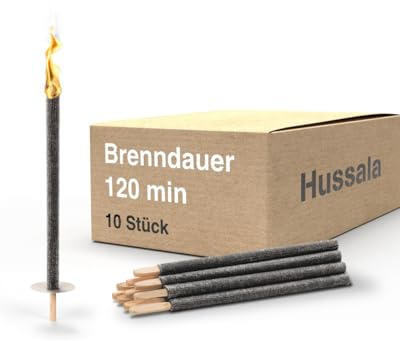 Hussala Diamond Wachsfackeln [10 Stück / 120 min] mit Holzstab und Tropschutz, Garten Fackeln aus Diamond-Wachs