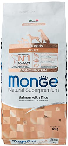 Monge Natural Superpremium Adult Salmon And Rice, per Tutte Le Razze (Cibo Secco per Cani con Salmone e Riso, Molto Ricco di Fibre e vitamine, 12 kg)