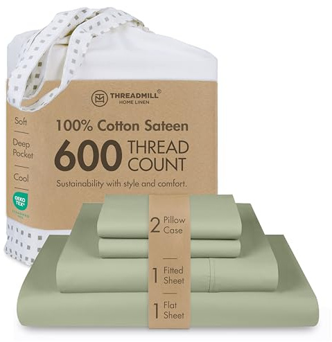 Threadmill 100% Cotton Sheets for Queen Size Bed - 600 Thread Count Queen Bed Sheets Set with 16” Deep Pocket - Sateen Weave 4-Piece Bedding Set with Cooling Effect, Sage Green