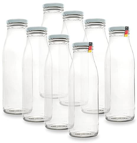 BAUER Flaschenbauer - 8 Milchflaschen 0,5 Liter mit Twist-Off-Schraubdeckeln in weiß - Weithalsflaschen mit 500 ml Volumen - geeignet als Milchflasche, Saftflasche und für Dressings oder Saucen