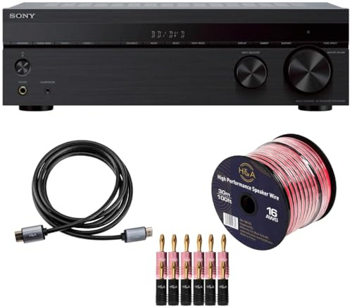 Sony STRDH590 5.2 Channel Surround Sound Home Theater Receiver: 4K HDR AV Receiver with Bluetooth, Black Bundle + H&A HDMI Cable & 100Ft 16 AWG Wire Cable + 6 Pairs Speaker Connector Banana Plugs