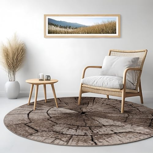 Paco Home Edler Designer Teppich Wohnzimmer Holzstamm Baum Optik Modern Natur Grau Braun Beige, Grösse:Ø 120 cm Rund