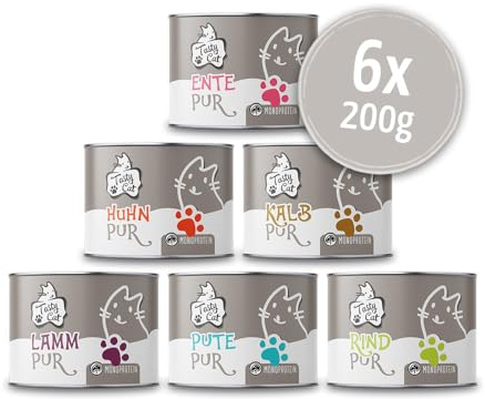 Tasty Cat Mono Nassfutter für Katzen Probierpakerl 6 x 200g. | getreidefrei | zuckerfrei | Monoprotein