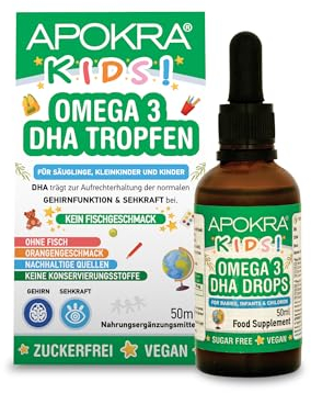 Omega 3 Vegan – Ohne Fischgeschmack – Veganes Omega 3 Öl für Säuglinge, Kleinkinder und Kinder – Nachhaltiges Algenöl, Alternative zu Fischöl – 50 ml | APOKRA Kids Vegan Algenöl