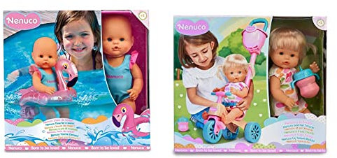 Nenuco - ¡Hora de Nadar!, muñeco bebé Nadador, con un Flotador de Flamenco con Motor Que le Hace Girar en la bañera y Piscina + - Triciclo, Set de Juguete con muñeco Infantil Bebe
