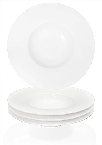 Creativity Home Ceramic Wide Rimmed Soup Plate, Soup Bowl 14 oz, Pasta Bowl Set of 4, White Shallow Bowl Plate with Rim, Best choice for high-end restaurants, hotels, and foodies, 12 Inch
