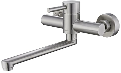 Kelleria Grifo de Pared, Grifo de Cocina Montado en la Pared, Giratorio 360 Grados, Fabricado en Acero Inoxidable, Monomando para Fregadero, Agua Fría y Caliente, Acabado Cepillado
