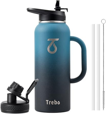 Trebo 1.2 L Water Bottle Insulated with Handle, Stainless Steel Metal Large Jug,Travel Flask with Straw Spout Lid,Mug Tumbler Cup with Carry Pouch,Keep Cold Hot, Indigo Black