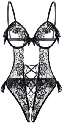Satohom Biancheria delle Donne del Torace Aperto Biancheria Intima Lingerie Sexy Donna Hot Body Senza Maniche Senza Spalline con Design Incrociato Sexy da Donna in Pizzo Nero, Tuta Senza Schienale