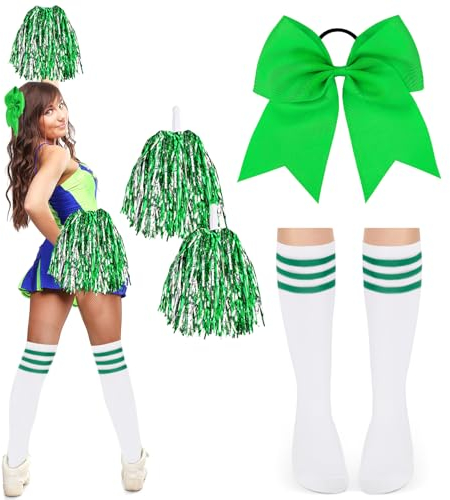 DPKOW Damen Cheerleader Kostüm Zubehör, Mädchen Cheerleader Kostüm Karneval Damen Mädchen Football Kostüm Zubehör Cheerleader Pompons Grün Schleifen Haargummis Strümpfe Damen Mädchen Halloween Zubehör