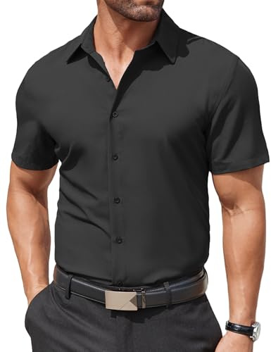 COOFANDY Camicia da Uomo A Maniche Corte Camicie Formali Plain Camicia di Affari Elasticizzata vestibilità Regolare Button Down Camicie Nero XL