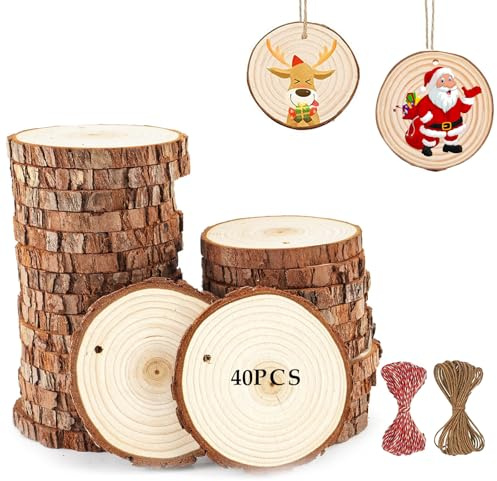 YQBFTC 40 Pieces Natural Wooden Log Discs 5-6 cm with Cotton Thread, Round Tree Discs for Crafts, Wooden Discs with Hole, Pine Wood Branch Discs for DIY Art/Wedding Centrepieces/Christmas Decorations