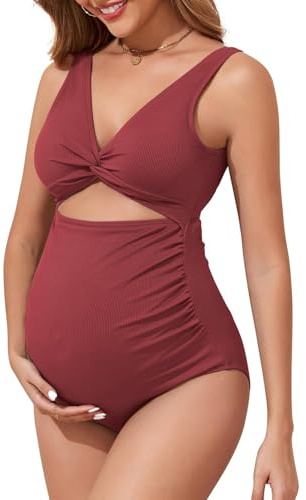 Maternity One Piece Swimsuits for Women - Ribbed Cutout High Waist Maternity Bathing Suits Tie Knot Pregnancy Swimwear 2026 Deep Red S