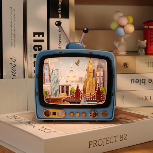 3D Puzzles Wooden TV Shape Model Kit with LED Light - Dimmable Timed Rechargeable Night Light Home Decoration DIY Craft Gift for Adults and Teens