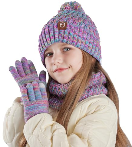 Lancry Kinder-Wintermütze, Schal und Handschuhe, warme Thermo-Strickmütze, Halswärmer, Touchscreen-Handschuh mit weichem Fleecefutter, für Mädchen und Jungen, Alter 4–10 Jahre