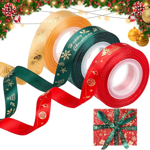 Annhao Nastri Natalizi, Nastro Natalizio per Confezioni Regalo, Natalizi Regalo Decorazione, 3 Rotoli di Raso Rosso Oro Verde per Nastro Natale Larghi 20mm per Decorazioni, Festival, Matrimoni (28M)