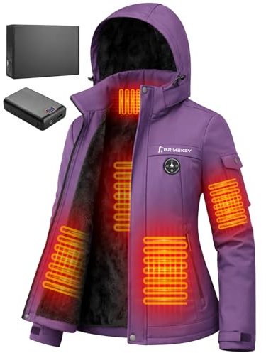 Brimekey Beheizbare Fleece Jacke Damen mit 20000mAh Akku, Wasserdichte & Winddichte Beheizte Skijacke Kapuze mit 6 Heizzonen & 3 Stufen, Heizjacke für Skifahren, Snowboarden, Wandern, Wintercamping