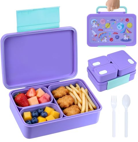 lompyeu Lunch Box Niños 1200ml,Fiambrera Infantil Bento con 3 Compartimentos,lonchera sellada a prueba de fugas, sin BPA,Caja de Almuerzo y Picoteo para Niños (Morado)