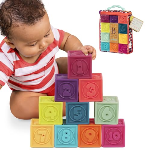 B. toys - Uno due spremute - Blocchi per bambini - Giocattolo da impilare e costruire per bambini - 10 blocchi morbidi con numeri, forme e animali - Educazione e sviluppo - 6 mesi +
