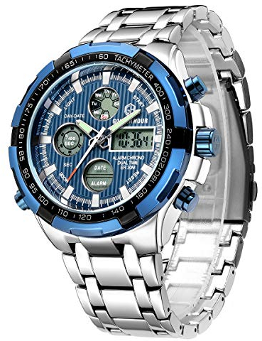 Affute Armbanduhr für Herren, Schwerer Chronograph aus Edelstahl, wasserdicht, mit Datums- und Alarmfunktion, Analog-/Digitalanzeige (Silver Blue)…