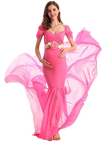 AYMENII Abito da sposa in chiffon con spalle scoperte, lungo treno, maxi abito fotografico con cintura per feste di nozze e foto puntelli baby shower dress Rosa acceso Taglia unica
