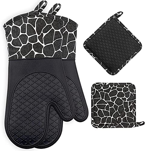 Gesentur Guanti da Forno, Guanti Resistenti al Calore Professional Guanti da Cucina 1 Coppia e 2 Presine, per Cucina, Barbecue, Grill (Black)