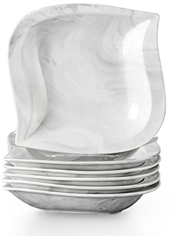 MALACASA Serie ELVIRA Juego de 6 Platos Hondos de Porcelana (660 ml, 21 x 4 cm), Platos para Sopa o Ensalada para 6 Personas, en Forma de Hoja de Mármol Gris