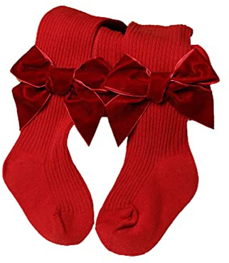 YILEEGOO Collants en maille côtelée pour bébé fille avec nœuds en velours, leggings pour Noël, Saint-Valentin, bas pour nourrisson, Nœud en velours rouge, 1-2 ans